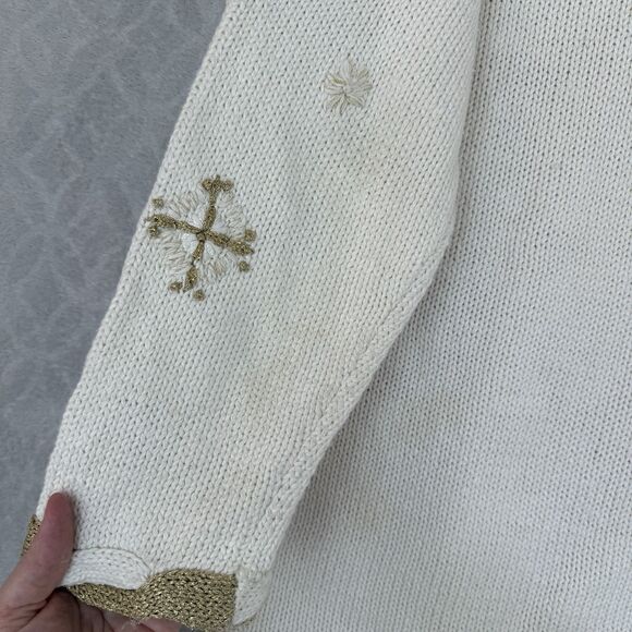 Vtg Snowflake Sweater XL Cream Gold Metallic Woven Knit Holiday Winter Grandma - Picture 9 of 15